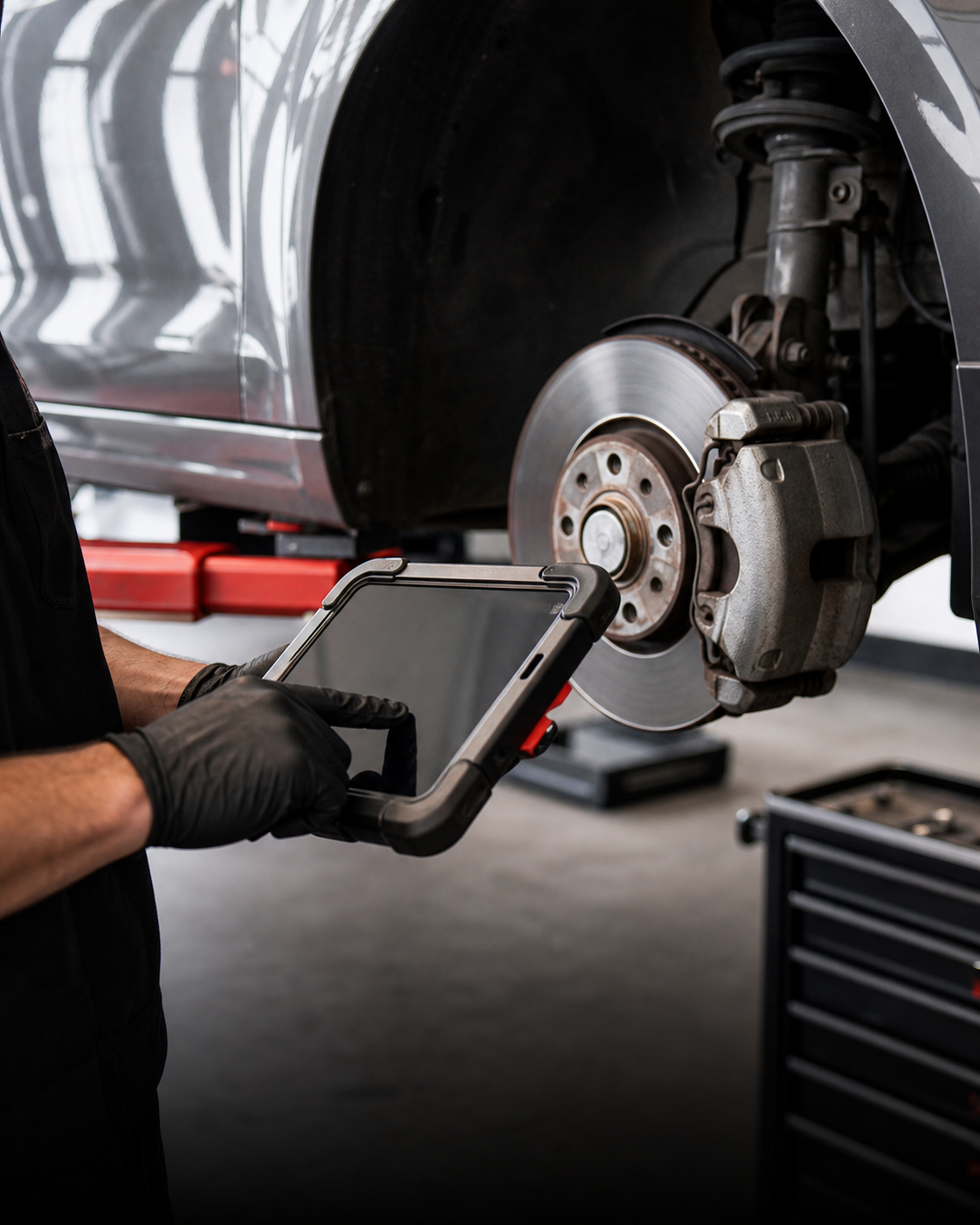 Diagnostic equipment beside a vehicle brake assembly